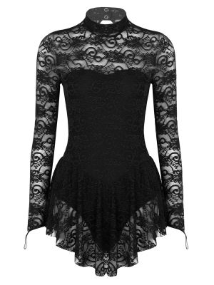 iEFiEL Women's Floral Lace Ballet Dance Leotard Fingerpoint Sleeves Figure Ice Skating Dress Costume