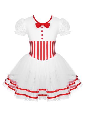 iEFiEL Kids Girls Christmas Candy Cane Dance Costume Short Puff Sleeves Striped Figure Ice Skating Ballet Tutu Dress Dancewear