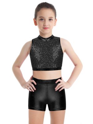 iEFiEL Kids Girls Sequin Metallic Jazz Hip Hop Dance Outfits Sleeveless Tank Crop Top with Athletic Shorts Performance Dancewear
