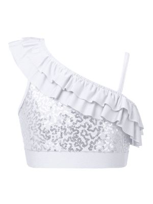 iEFiEL Kids Girls Sequin Ruffled Ballet Dance Crop Top Modern Jazz One Shoulder Cami Tank Tops Performance Costume
