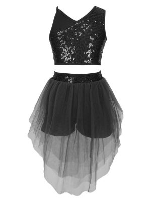 iEFiEL Kids Girls Shiny Sequins Ballet Lyrical Dance Dress Crop Tops with Irregular Skirts Sets Ballerina Dancewear