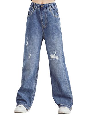 iEFiEL Kids Girls Ripped Jeans Elastic Waist Baggy Wide Leg Denim Pants Trousers