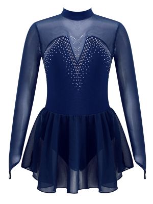 iEFiEL Kids Girls Figure Ice Skating Dress Shiny Rhinestone Long Sleeve Ballet Dance Leotard Competition Performance Costume