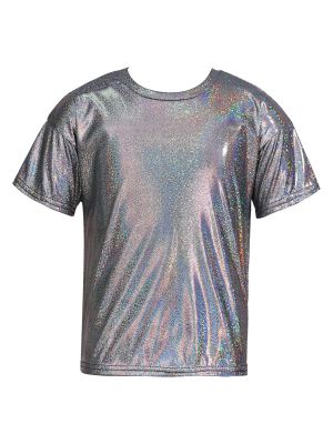 iEFiEL Kids Girls Boys Shiny Metallic Modern Jazz Dance Top Short Sleeve Shirt Athletic T-shirt Performance Dancewear