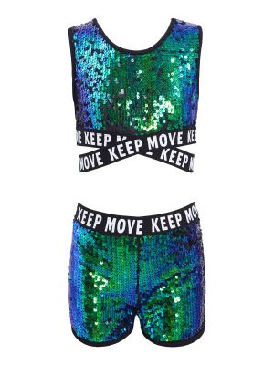 iEFiEL Kids Girls 2 Pieces Dance Outfits Sequins Letter Print Dance Jazz Hip Hop Crop Top with Shorts Set Dancewear