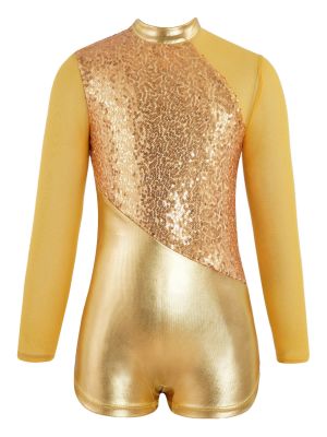 iEFiEL Kids Girls Sparkling Metallic Sequins Jazz Dance Gymnastics Leotards Mesh Long Sleeve Unitard Biketrad Ballroom Costume