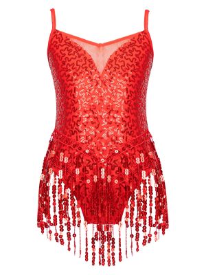 iEFiEL Kids Girls Sequins Tassel Sleeveless Latin Dance Dress Modern Jazz Rumba Ballroom Performance Costume Dancewear