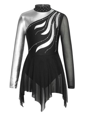 iEFiEL Kids Girls Figure Ice Skating Dress Long Sleeve Rhinestone Roller Skating Dance Dresses Competition Costume