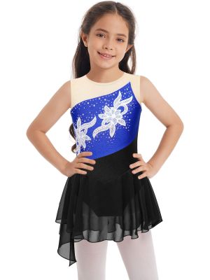 iEFiEL Kids Girls Floral Rhinestone Sleeveless Ballet Lyrical Contemporary Dance Dress Ice Skating Costume Dancewear