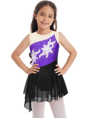 iEFiEL Kids Girls Floral Rhinestone Sleeveless Ballet Lyrical Contemporary Dance Dress Ice Skating Costume Dancewear