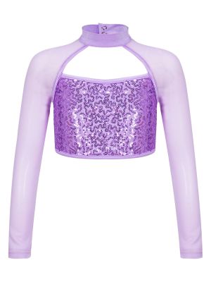 iEFiEL Kids Girls Turtleneck Sequin Long Sleeve Dance Crop Top Gymnastics Jazz Hip Hop Performance Athletic T-Shirt