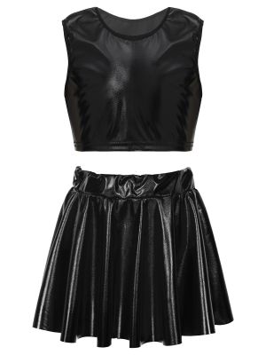 iEFiEL Kids Girls Two Peices Hip-hop Jazz Dance Outfit Metallic Sleeveless Crop Tank Top with Skirts Ballet Dancewear