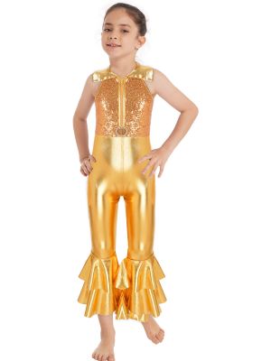 iEFiEL Kids Girls Shiny Sequin Full Body Jazz Ballet Dance Gymnastics Leotard Metallic Bell-bottom One Piece Unitard Bodysuit