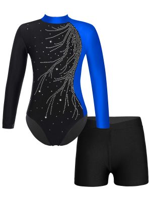 iEFiEL Kids Girls Rhinestone Long Sleeve Gymnastics Leotard One Piece Ballet Dance Bodysuit Biketards with Short Sets Dancewear