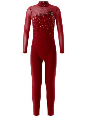 iEFiEL Kids Girls Long Sleeve Rhinestone Figure Ice Skating Unitard Gymnastics Leotards Full Body One Piece Bodysuit Jumpsuit