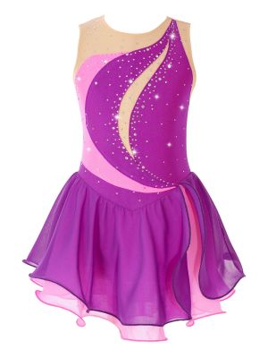 iEFiEL Kids Girls Rhinestone Sleeveless Figure Ice Skating Dress Color Block Ballet Dance Tutu Dress Leotard Competition Costume