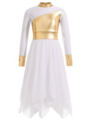 iEFiEL Kids Girls Metallic Long Sleeve Praise Lyrical Dance Dress Worship Liturgical Celebration Costume Church Robe