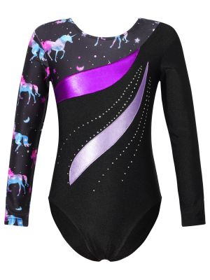 iEFiEL Kids Girls Rhinestone Print Long Sleeve Gymnastic Leotard Dance Ballet Figure Ice Skating Unitard Bodysuit Dancewear