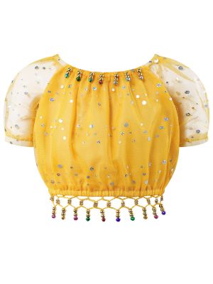 iEFiEL Kids Girls Shiny Sequins Tassel Belly Dance Top Mesh Short Sleeve Shirts Dancewear Stage Performance Costume