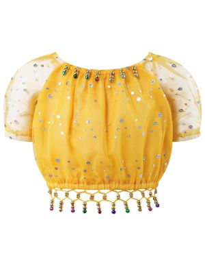 iEFiEL Kids Girls Shiny Sequins Tassel Belly Dance Top Mesh Short Sleeve Shirts Dancewear Stage Performance Costume