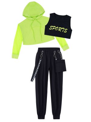 iEFiEL 3Pcs Kids Girls Hip Hop Dance Clothes Cropped Hoodie Tank Top Cargo Pants Sets