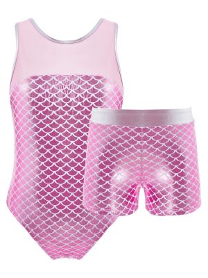 iEFiEL Kids Girls Fish Scales Print Dance Outfit One Piece Leotard with Booty Shorts for Ballet Tumbling Gymnastic