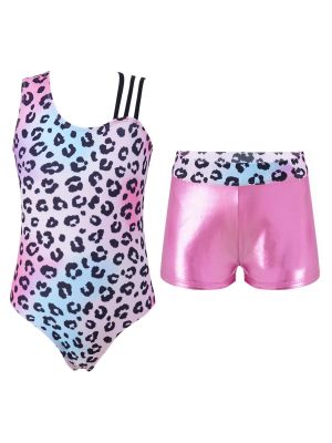 iEFiEL Kids Girls 2 Piece Dance Outfit One Shoulder Gymnastic Leotard with Shorts Yoga Workout Unitard Biketards