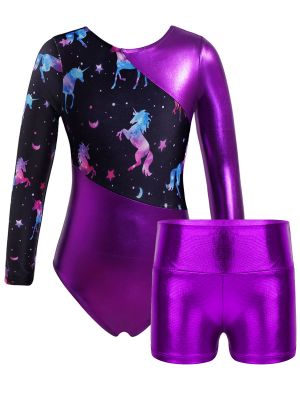 iEFiEL Kids Girls Printed Long Sleeve Leotard with Shorts Ballet Dance Gymnastic Unitard Biketards