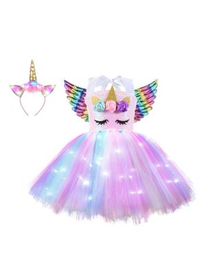 IEFIEL Kids Girls Cartoon Horse Costume LED Light Up Princess Tutu Dress for Halloween Party Birthday Gifts