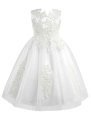 iEFiEL Flower Girls Lace Bridesmaid Dress Tea Length A Line Wedding Pageant Dresses Tulle Party Gown