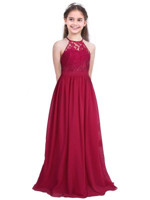 IEFIEL Girls Halter Neck Lace Party Wedding Long Chiffon Junior Bridesmaid Dress Birthday Party Dresses Communion Dresses