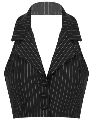 Women's Stripes Lapel Collar V-Neck Dressy Suit Vest Waistcoat Open Upper Back Sleeveless Single Breasted Jacket