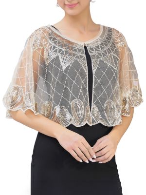 iEFiEL Women's 1920s Shawl Mesh Sequin Deco Evening Cape Bolero Flapper Cover Up Jacket Bridal Shawl Bolero Gatsby Party