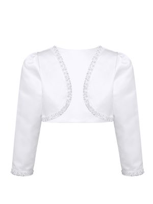 iEFiEL Girls' Satin Long Sleeves Pearls Sequins Beaded Bolero Shrug Wedding Pageant Flower Dress Cover Up Short Cardigan