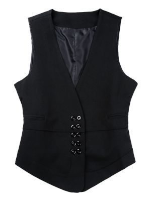 Womens Double-Breasted Button Down Waistcoat V Neck Vest Vintage Steampunk Dress Jacket Coat Dressy Suit Vest