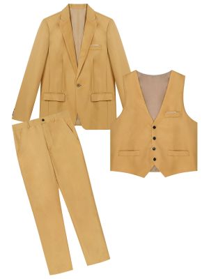 IEFIEL Men's 3 Piece Suit Set One Button Dress Suits Solid Jacket Vest Pants Blazer Tuxedo for Wedding Business Dinner Prom