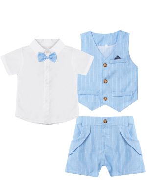 iEFiEL Baby Boys Formal Gentleman Outfits Suits Short Sleeve Lapel Bow Tie Shirt Vest Shorts Pants Dressy Clothes Set