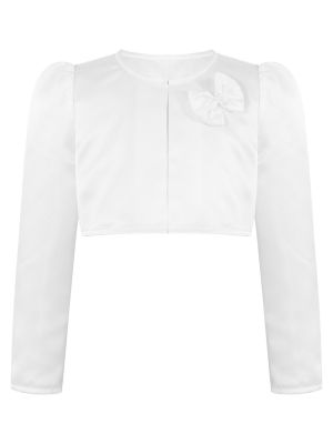 iEFiEL Flower Girl White Satin Bolero Jacket Long Sleeve Bow Shrug First Communion Bolero Cardigan Top Coat Outwear