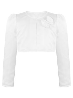 iEFiEL Flower Girl White Satin Bolero Jacket Long Sleeve Bow Shrug First Communion Bolero Cardigan Top Coat Outwear