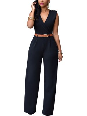iEFiEL Women's Sexy V Neck High Waist Sleeveless Jumpsuits Long Pant Romper Jumpsuit Side Pockets with Waist Belt