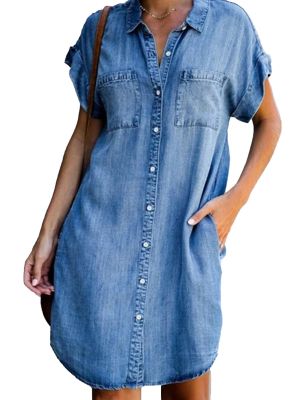 iEFiEL Women Denim Shirt Dresses Knee Length Short Sleeve Distressed Jean Dress Button Down Casual Tunic Top