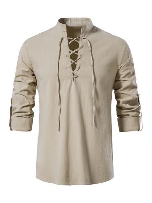 iEFiEL Men's Cotton Linen Retro Style Lace up Long Sleeve Shirts for Medieval,Viking,Hippie Matching