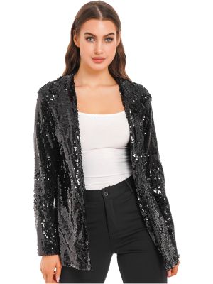 Women's Sparkly Sequin Long Sleeve Notch Lapel Open Front Blazer Jacket Nightclub Party Cardigan Outwear