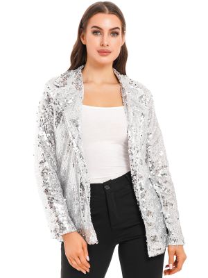 iEFiEL Women's Sparkly Sequin Long Sleeve Notch Lapel Open Front Blazer Jacket Nightclub Party Cardigan Outwear