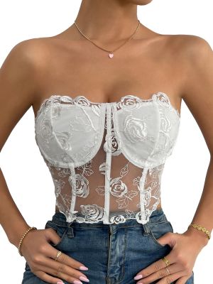 Women's Rose Embroidery See Through Strapless Bustier Zip Back Corset Bodyshaper Crop Top