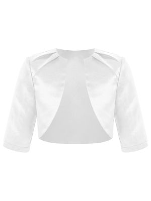 iEFiEL Girl's White Satin 3/4 Sleeve Open Front Pleated First Communion Flower Girl Borelo Shrug Jacket Cardigan Cover Up Coat 