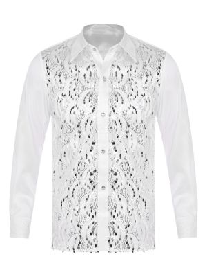 iEFiEL Men's Satin Shiny Dress Shirt Slim Fit Silk Casual Dance Party Long Sleeve Tuxedo Shirts