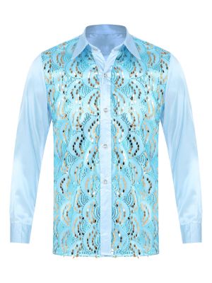 iEFiEL Men's Satin Shiny Dress Shirt Slim Fit Silk Casual Dance Party Long Sleeve Tuxedo Shirts