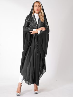 iEFiEL Stylish Rhinestone Pearls Kimono Kaftan Chiffon Hooded Robe