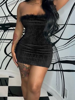 iEFiEL Women Sexy Dress Fuzzy Feather Trim Strapless Shiny Dresses Slim Fit Short Bodycon Party Club Mini Dress